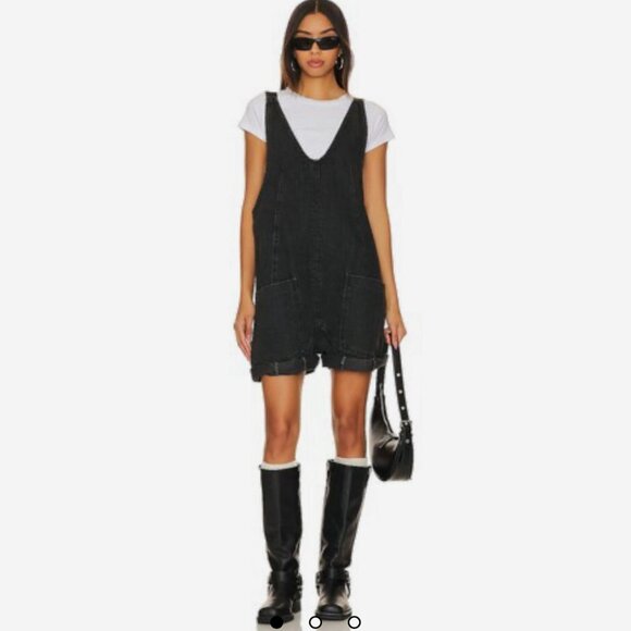 We the Free Black Denim Overall Shorts – Pull-On Style, Cuffed Hem - Picture 1 of 7